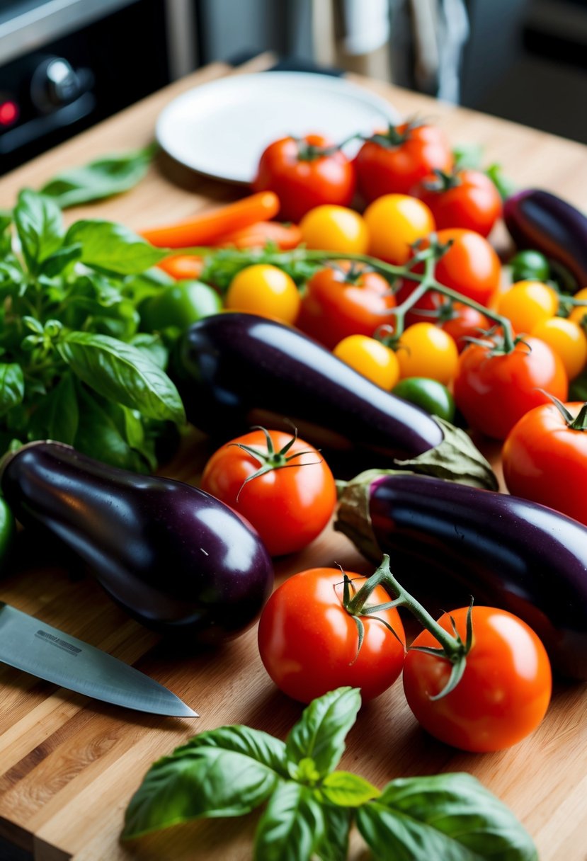 A table set with a colorful array of fresh vegetables, including eggplants, tomatoes, and basil. A chef's knife and cutting board are nearby