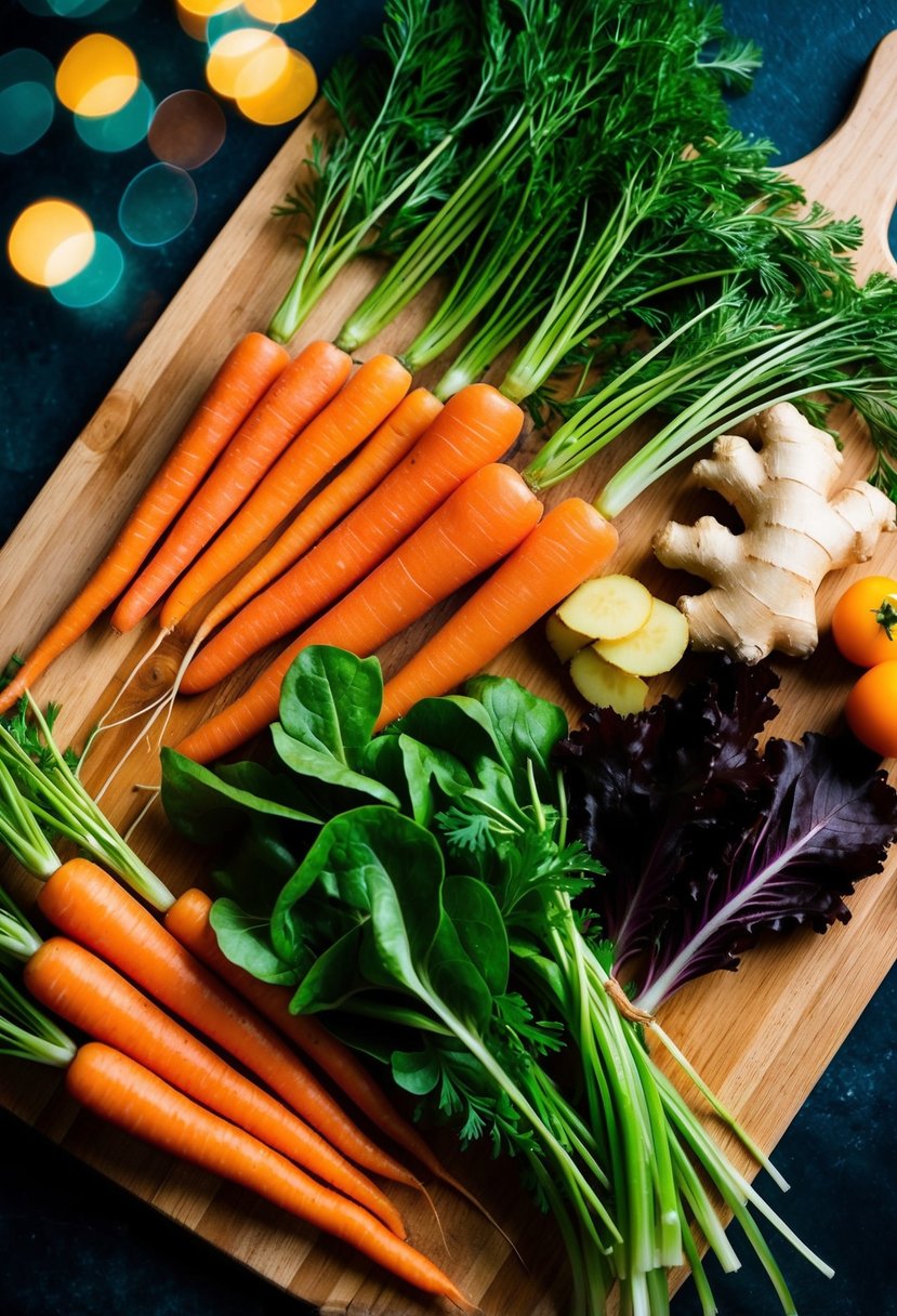 A colorful array of fresh carrots, ginger root, and vibrant salad greens arranged on a wooden cutting board