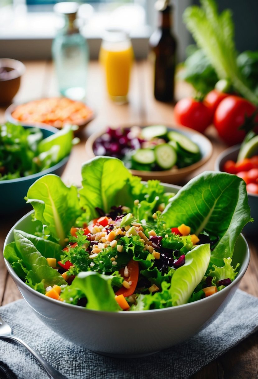 A bowl of colorful lettuce leaves mixed with various vegetables and toppings