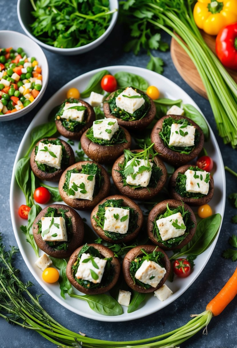 A platter of spinach and feta stuffed mushrooms, surrounded by fresh herbs and colorful vegetables