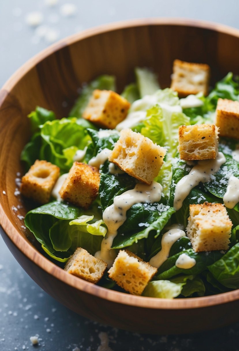 A wooden bowl filled with crisp romaine lettuce, croutons, and grated parmesan, drizzled with creamy Caesar dressing