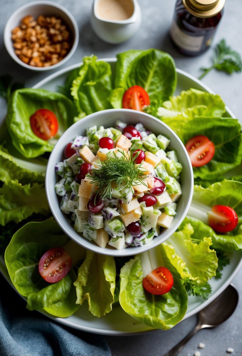 A bowl of Waldorf Salad surrounded by fresh lettuce leaves and ingredients