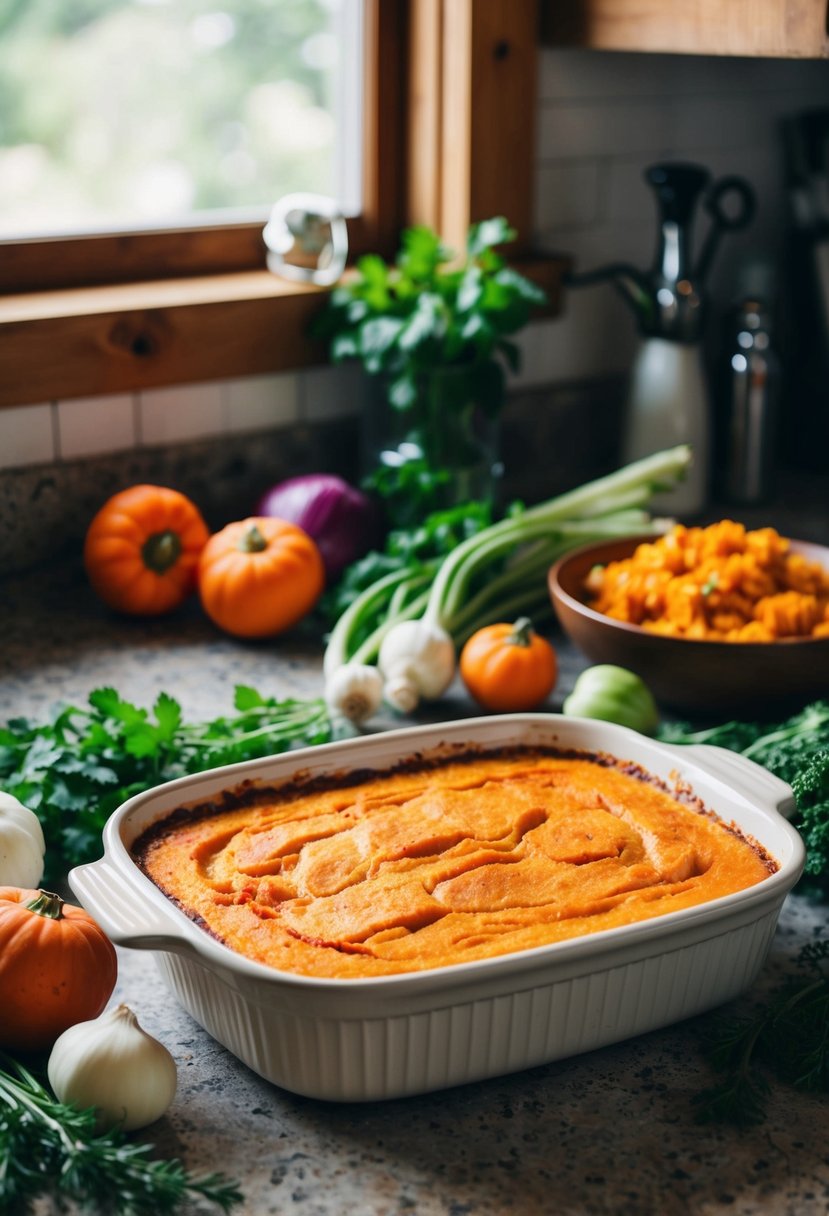 A rustic kitchen counter with a bubbling sweet potato casserole in a ceramic baking dish, surrounded by fresh vegetables and herbs