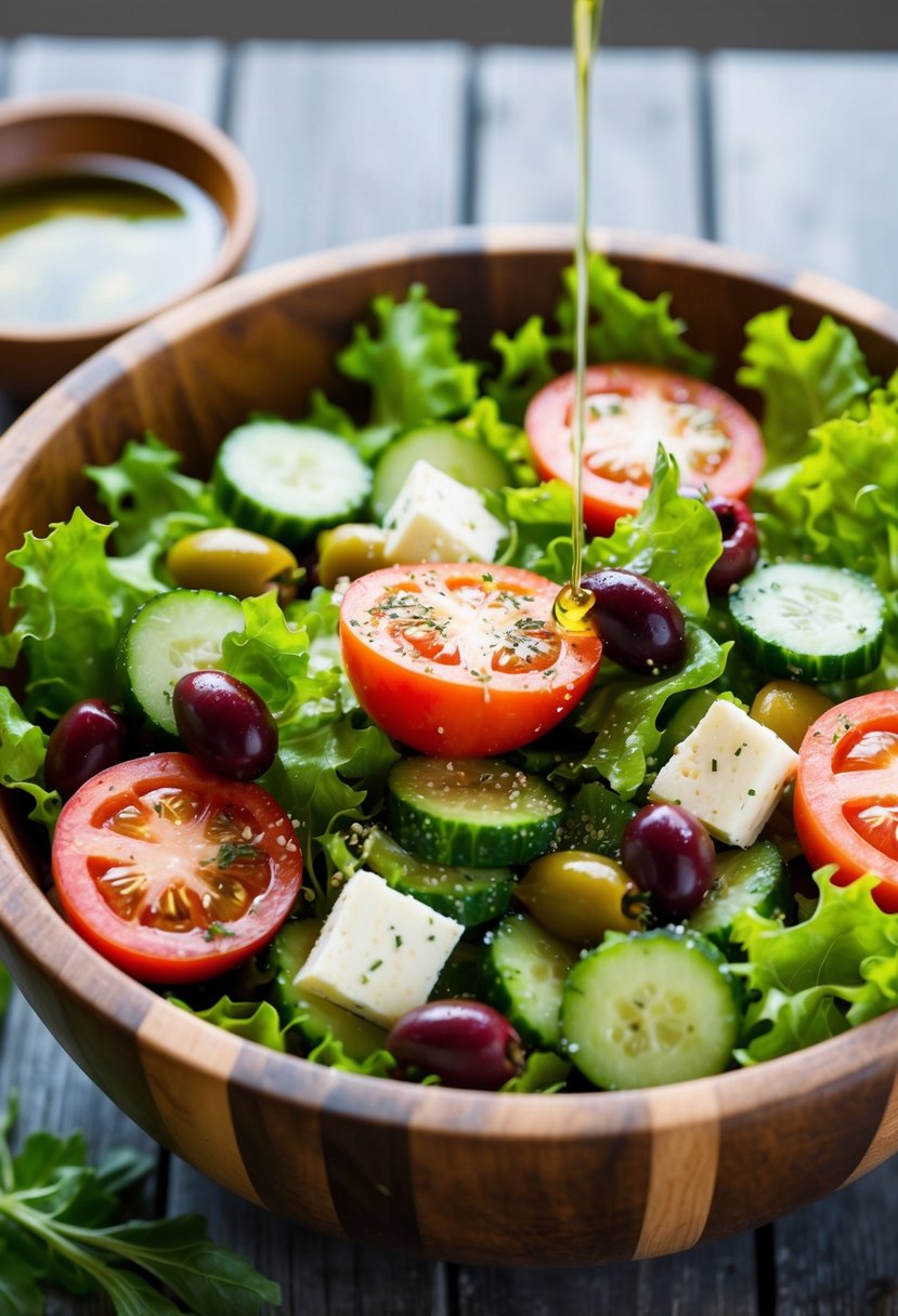 A wooden bowl filled with fresh lettuce, juicy tomatoes, crisp cucumbers, briny olives, and creamy feta cheese, drizzled with olive oil and sprinkled with oregano