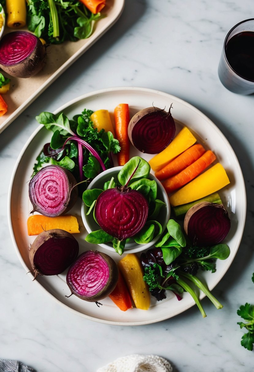 A vibrant assortment of roasted beets, mixed greens, and colorful vegetables arranged on a white ceramic plate