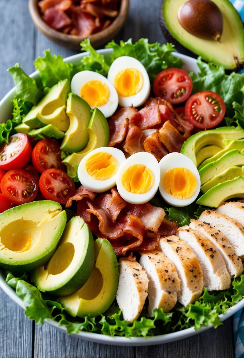 A colorful array of fresh lettuce, tomatoes, hard-boiled eggs, avocados, bacon, and chicken arranged in a bowl, ready to be tossed together for a delicious Cobb Salad