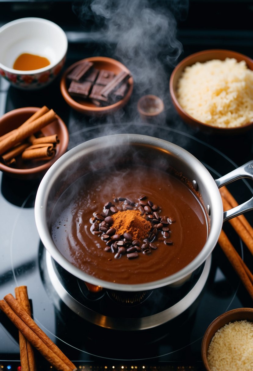 A steaming pot of champurrado simmers on a stovetop, surrounded by traditional Mexican ingredients like cinnamon sticks, chocolate, and masa harina