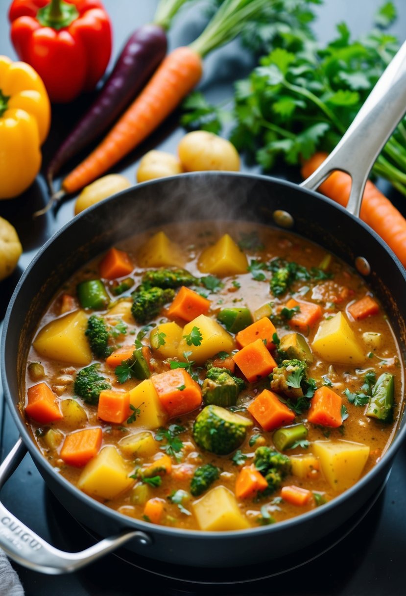 A bubbling pot of colorful vegetable curry simmers on a stovetop, surrounded by vibrant ingredients like bell peppers, carrots, and potatoes