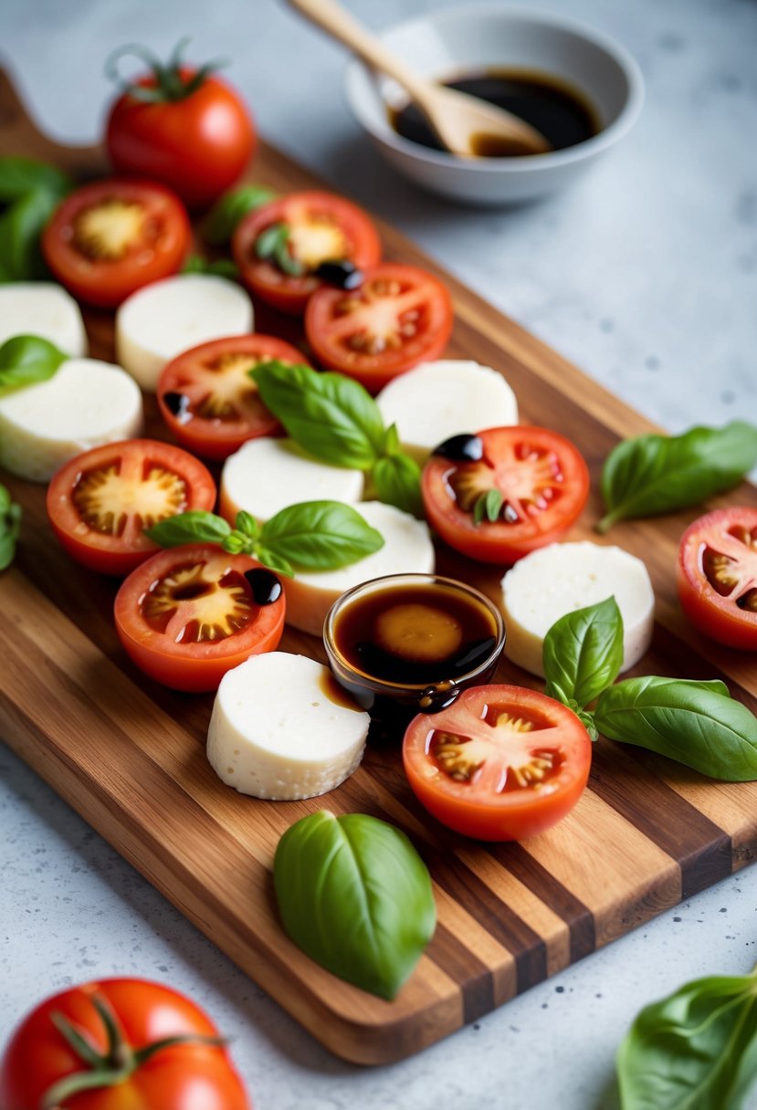 A wooden cutting board with fresh tomatoes, mozzarella cheese, basil leaves, and balsamic glaze arranged in a colorful and appetizing Caprese salad