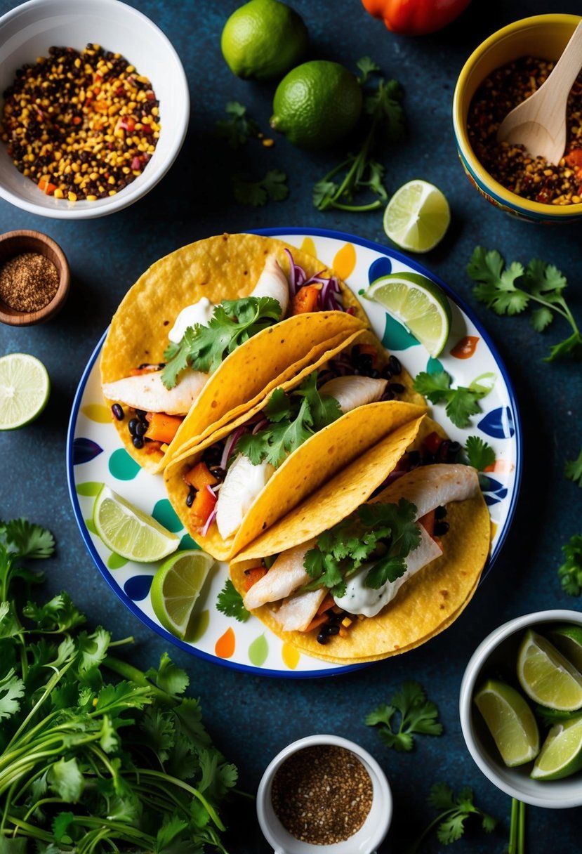 A colorful plate of fish tacos surrounded by fresh ingredients and traditional Mexican spices