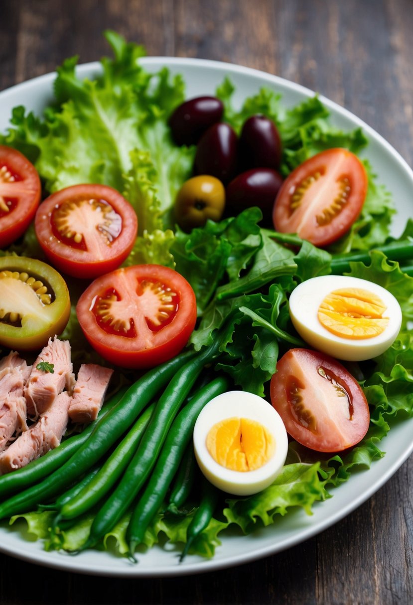 A vibrant array of fresh lettuce, tomatoes, green beans, hard-boiled eggs, olives, and tuna arranged on a plate