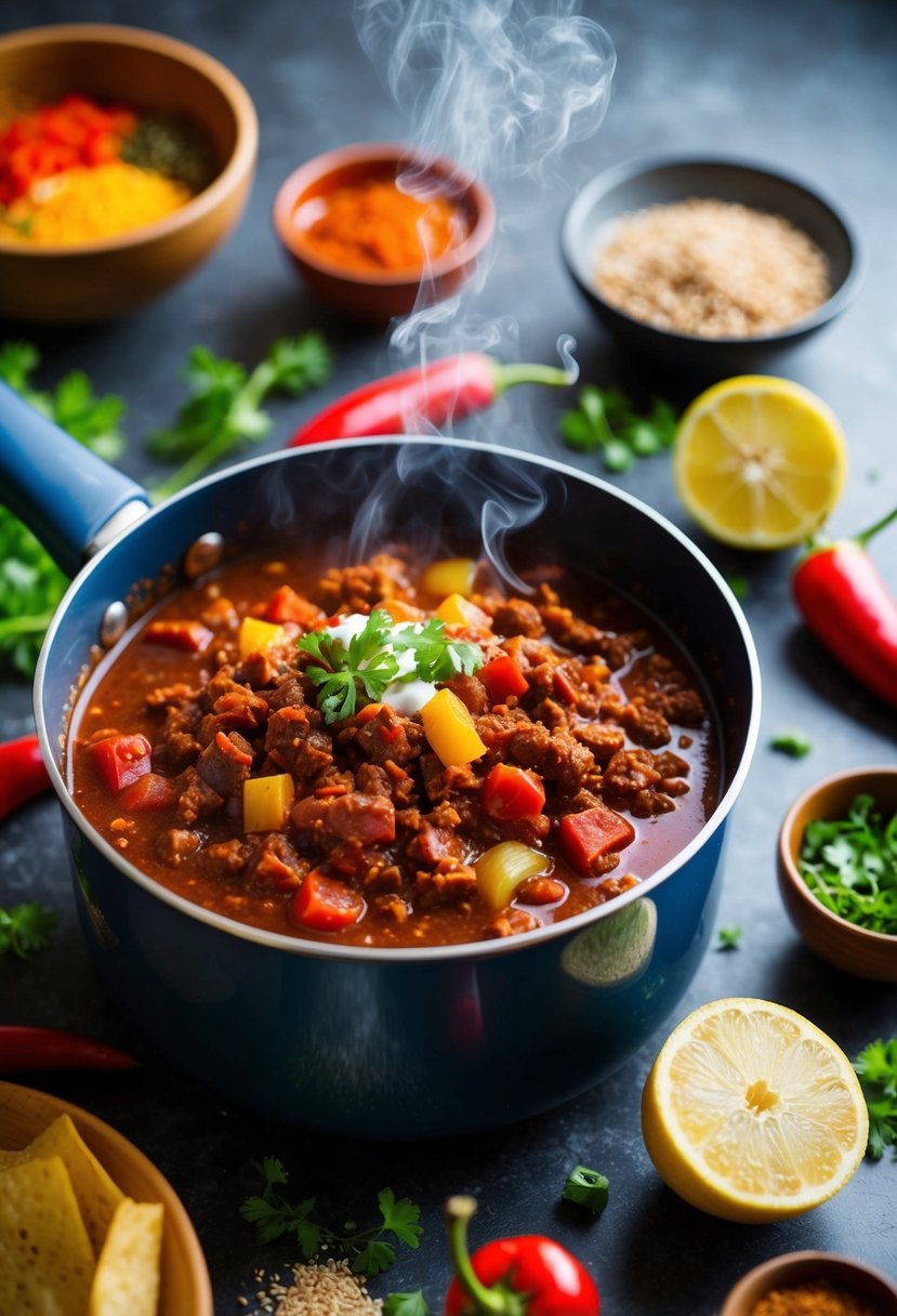 A steaming pot of chili con carne surrounded by colorful ingredients and spices