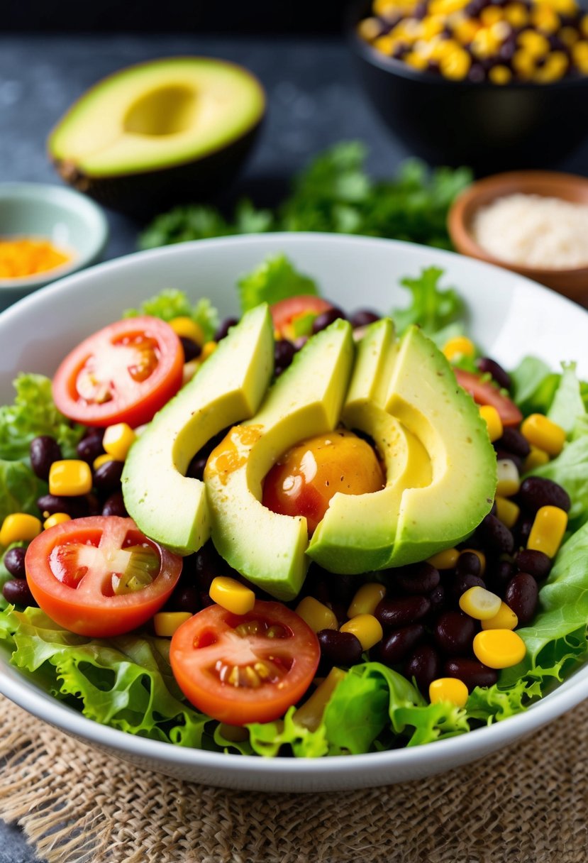 A colorful Southwest Avocado Salad with lettuce, tomatoes, corn, black beans, and creamy avocado slices, topped with a zesty dressing