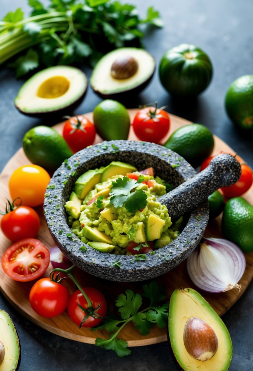 A colorful spread of fresh avocados, tomatoes, onions, and cilantro, with a molcajete and pestle ready to mix the ingredients for guacamole