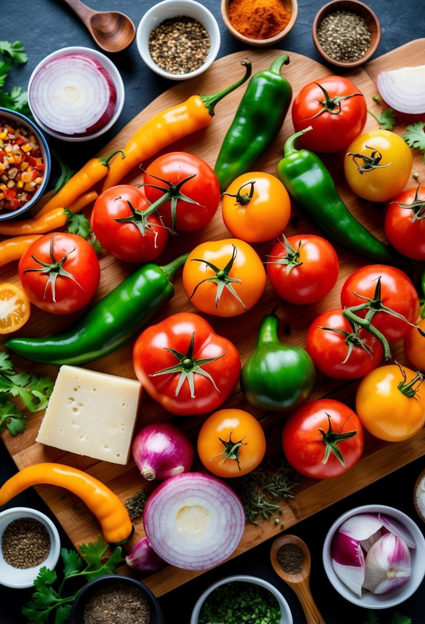 A colorful array of chiles, tomatoes, onions, and cheese arranged on a wooden cutting board, surrounded by various spices and herbs