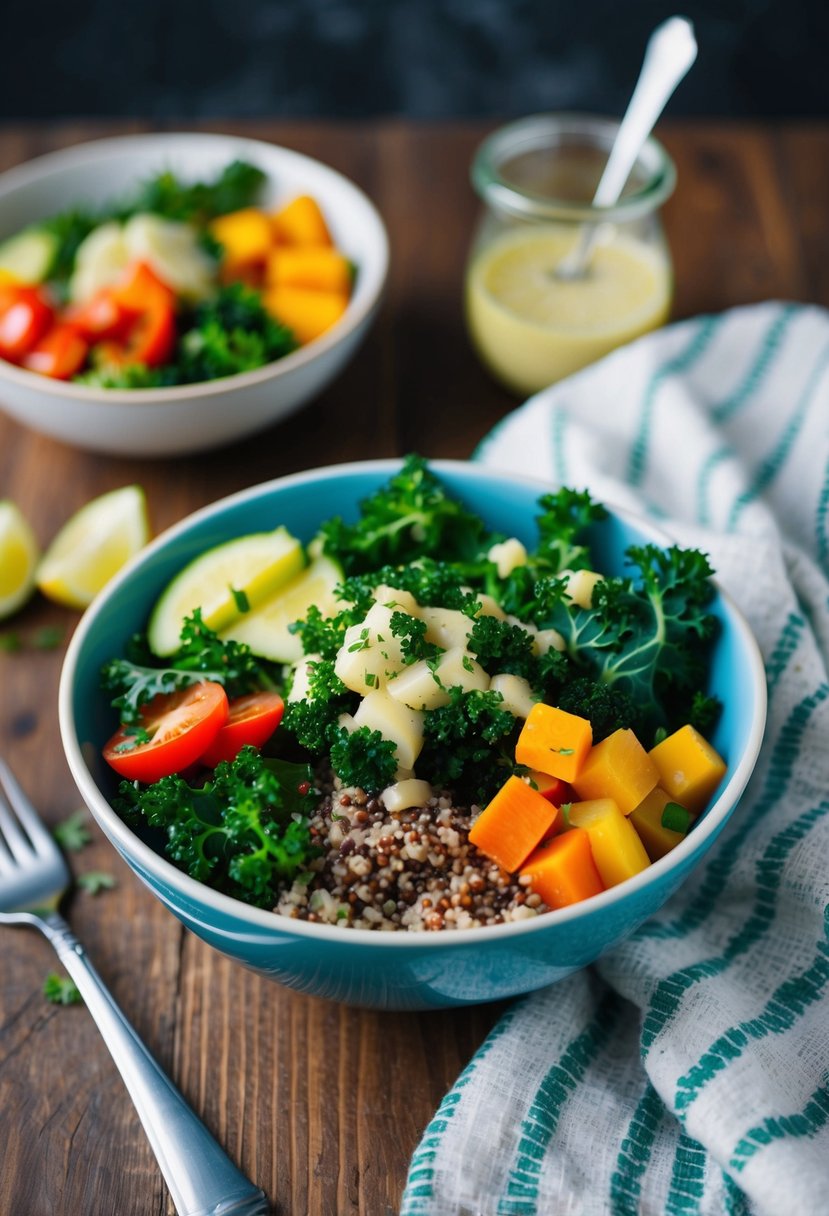 A colorful bowl filled with kale, quinoa, and assorted vegetables, topped with a light vinaigrette dressing