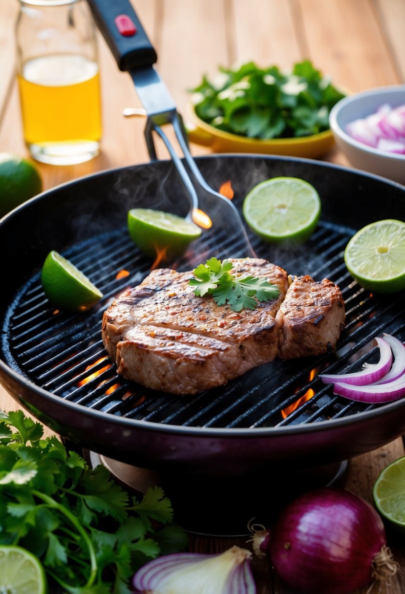 A sizzling grill cooks marinated steak, surrounded by colorful ingredients like limes, onions, and cilantro for Carne Asada