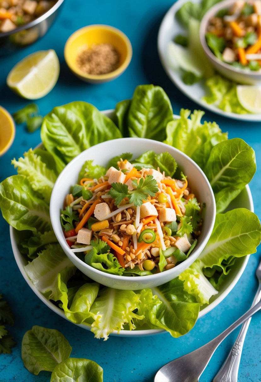 A vibrant bowl of Thai Crunch Salad surrounded by fresh lettuce leaves and colorful ingredients