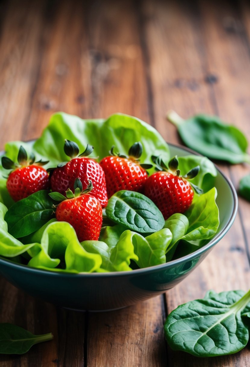 A bowl of vibrant green lettuce topped with juicy red strawberries and fresh spinach leaves