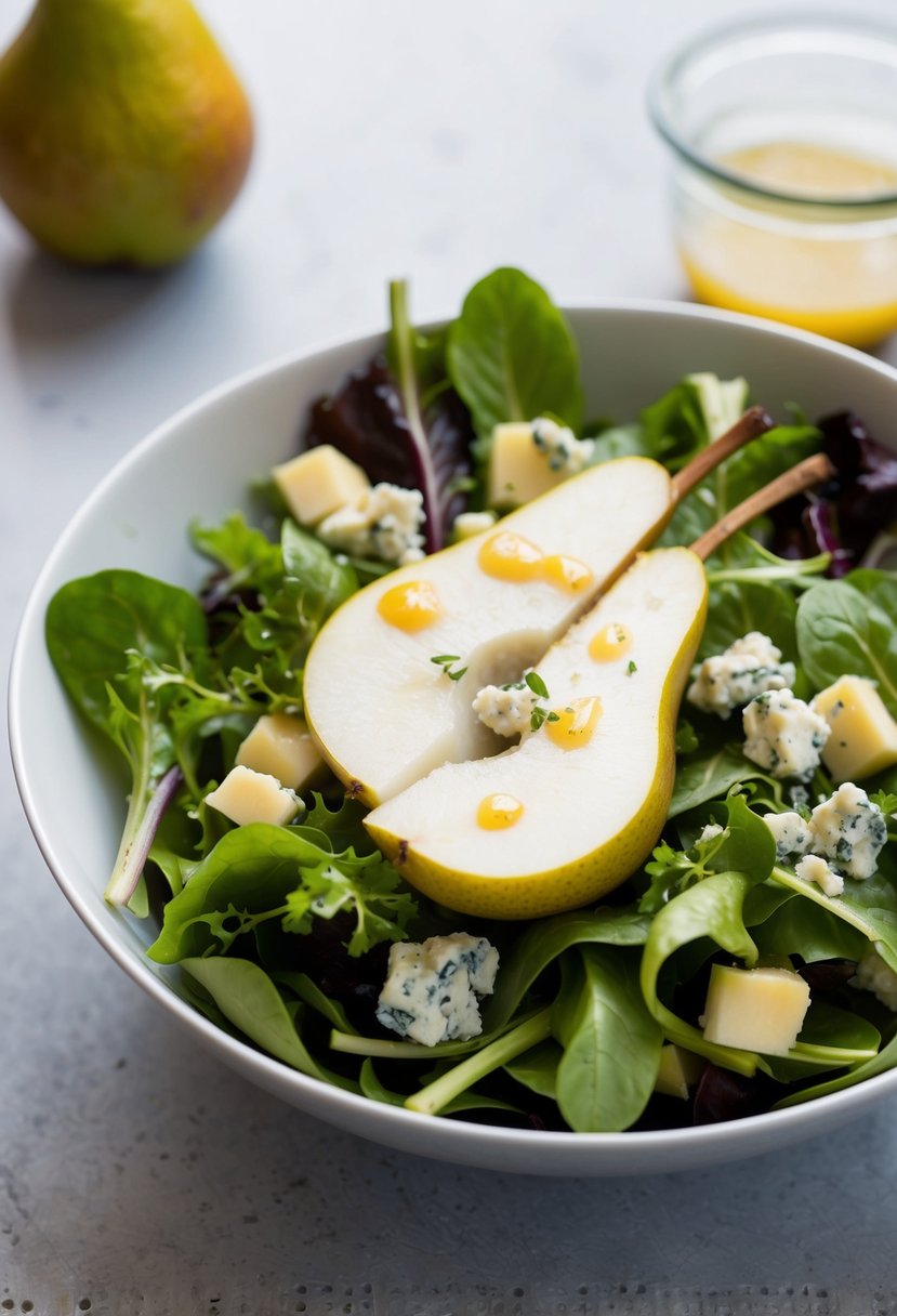 A vibrant bowl of mixed greens topped with ripe pear slices, crumbled blue cheese, and drizzled with a light vinaigrette