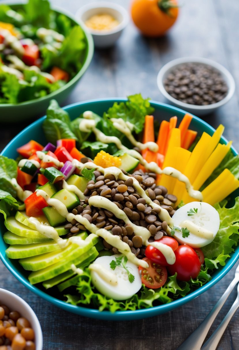 A colorful array of fresh lettuce, vibrant vegetables, and hearty lentils arranged in a bowl, with a drizzle of Mediterranean dressing