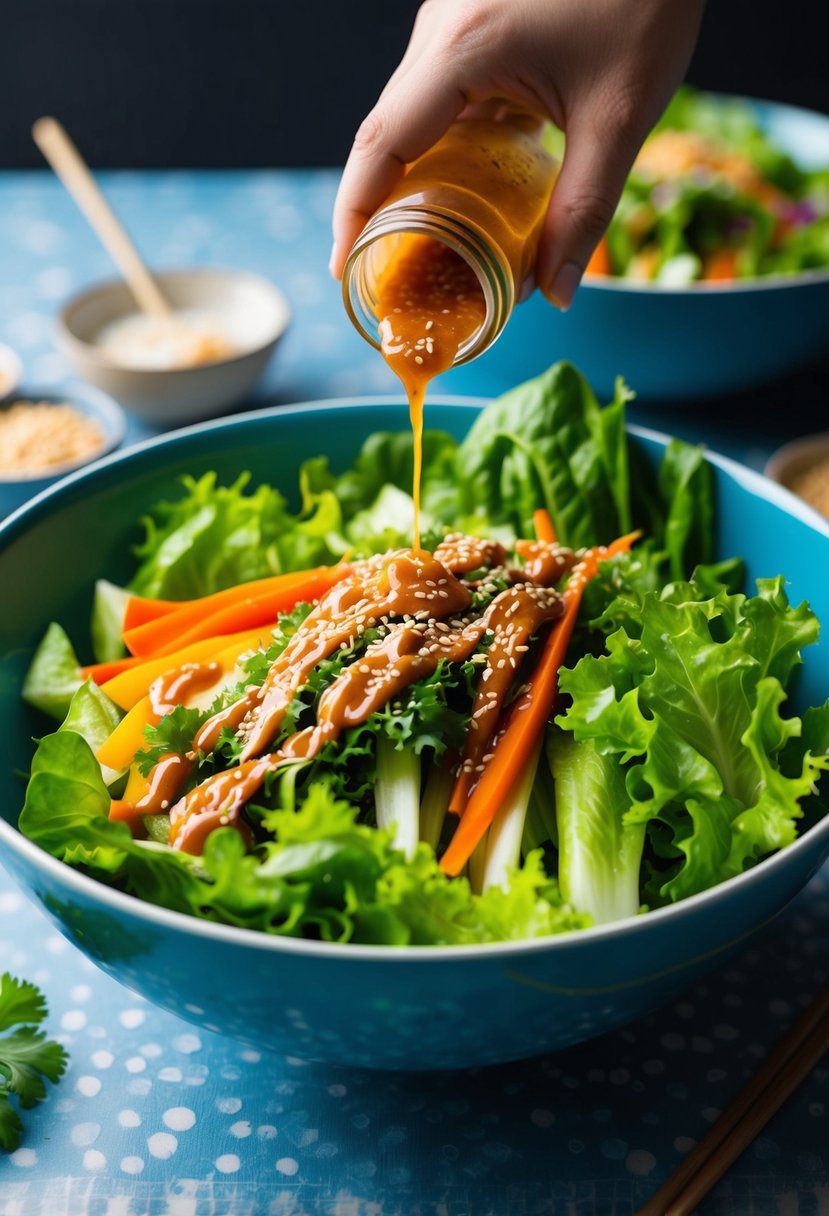 A colorful bowl filled with crisp lettuce, vibrant vegetables, and a drizzle of Asian sesame dressing