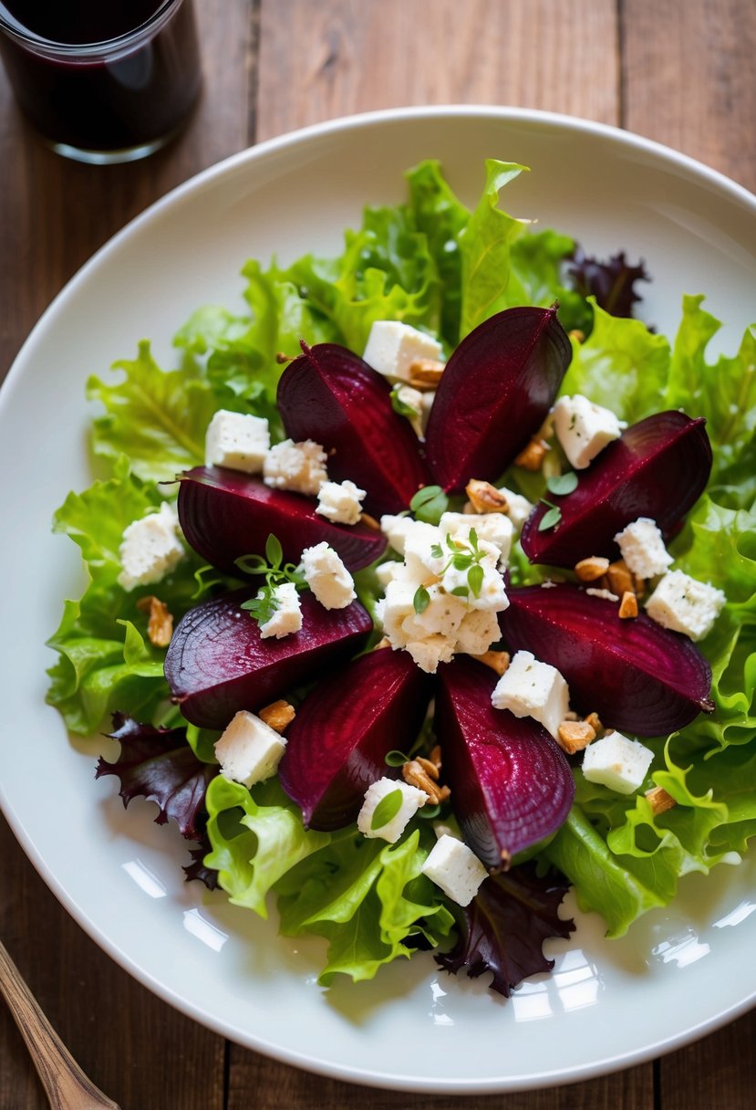 A colorful beet and goat cheese salad on a bed of fresh lettuce