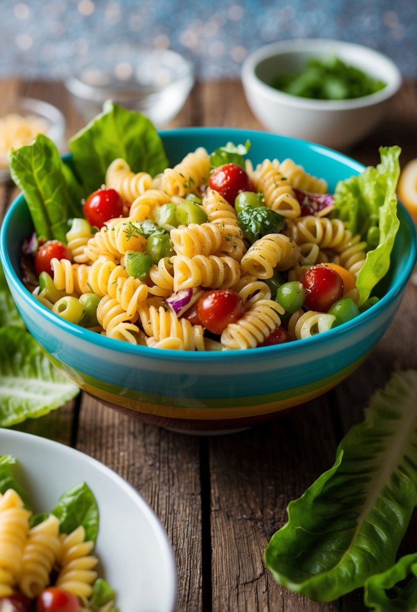 A colorful bowl of Italian pasta salad surrounded by fresh lettuce leaves