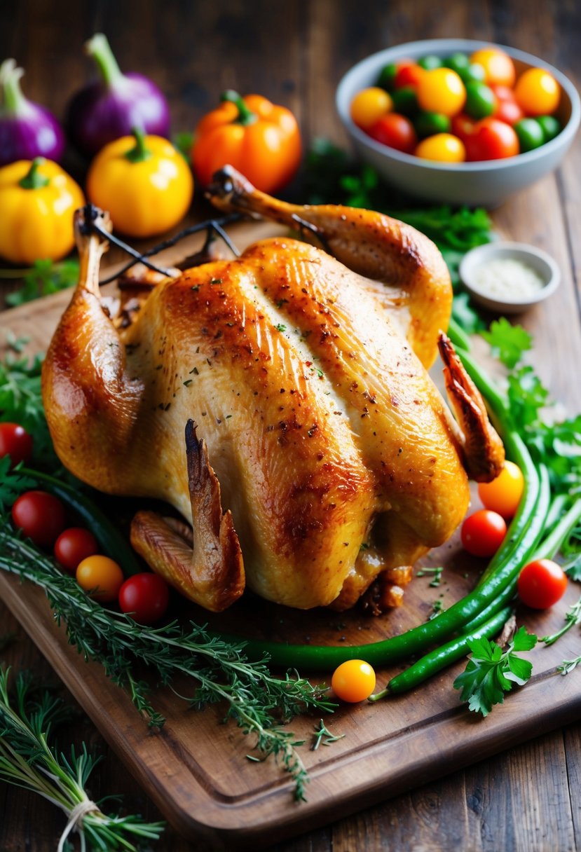 A whole rotisserie chicken surrounded by colorful vegetables and herbs on a rustic wooden cutting board