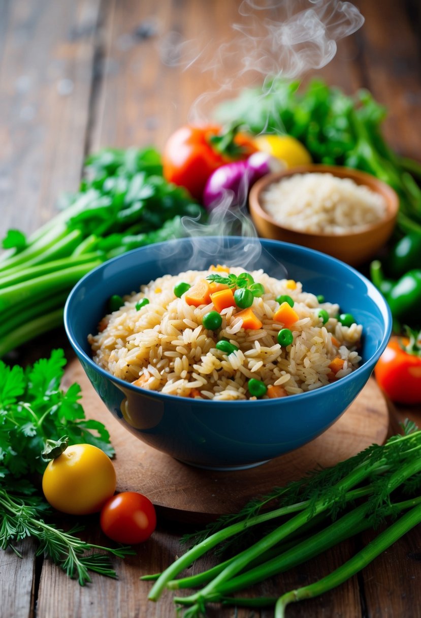 A steaming bowl of brown rice surrounded by colorful vegetables and herbs on a wooden table