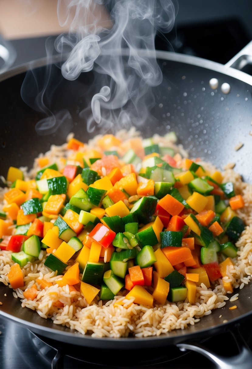 A colorful array of chopped vegetables sizzling in a wok, surrounded by fluffy brown rice, with steam rising from the stir-fry