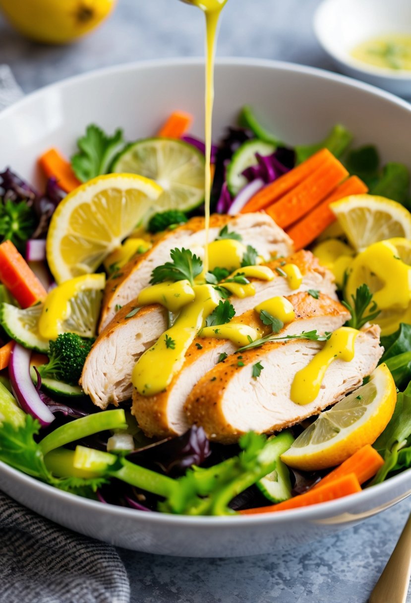 A vibrant salad bowl filled with colorful vegetables, tender slices of rotisserie chicken, and a drizzle of lemon herb dressing