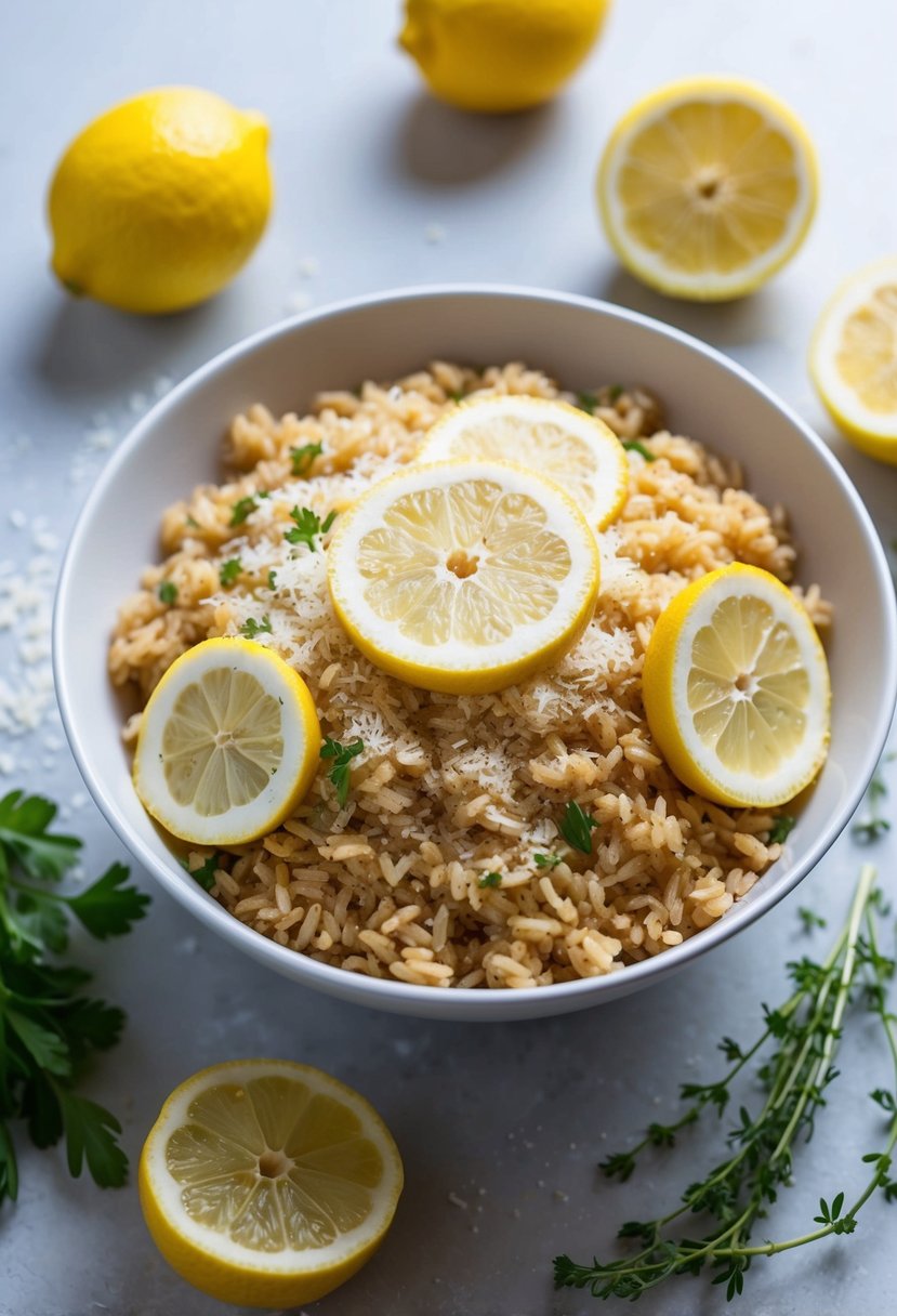 A bowl of lemon-parmesan brown rice surrounded by fresh lemon slices and grated parmesan cheese, with a sprig of herbs on the side