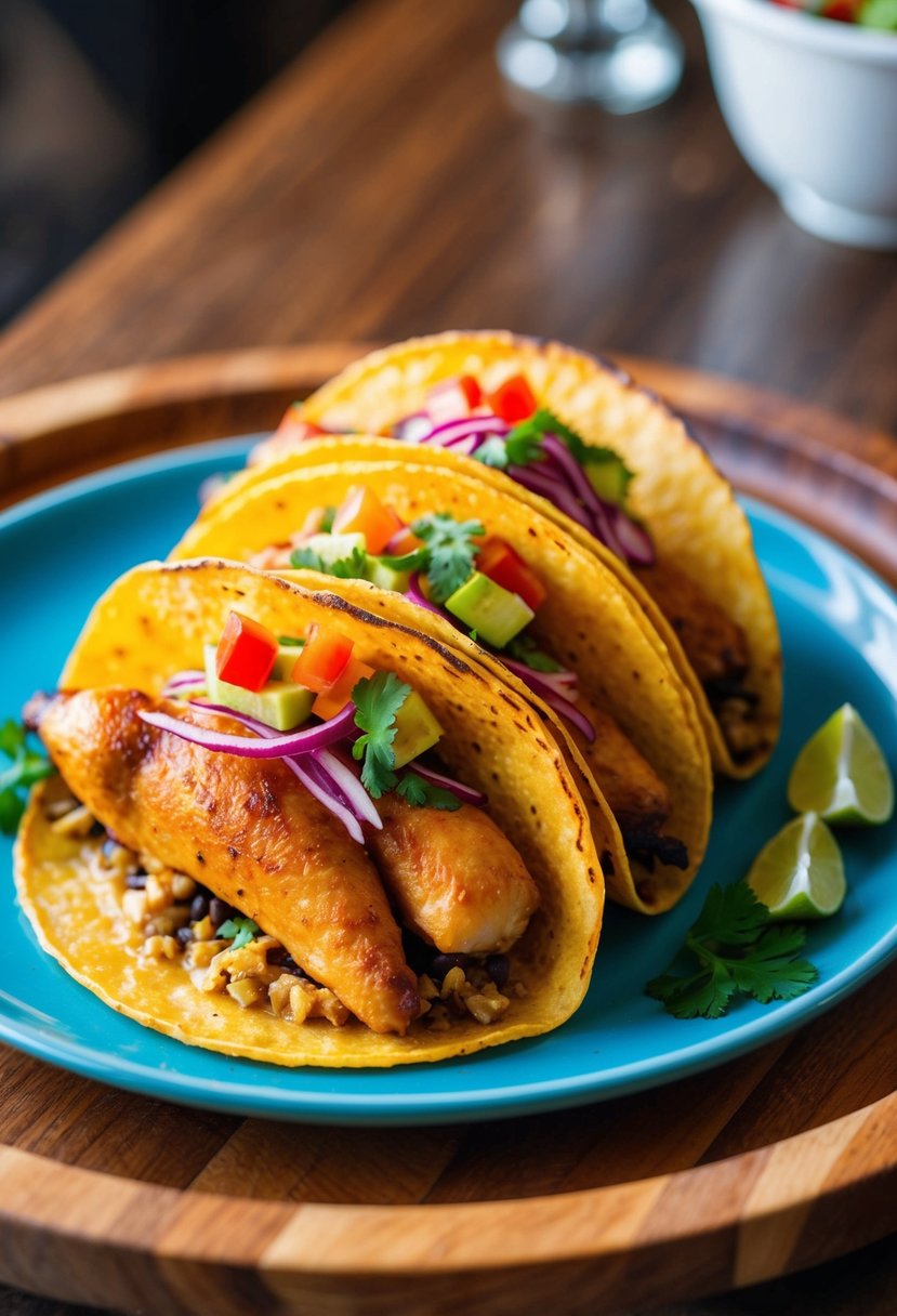 A sizzling rotisserie chicken taco with vibrant, colorful toppings on a wooden serving platter