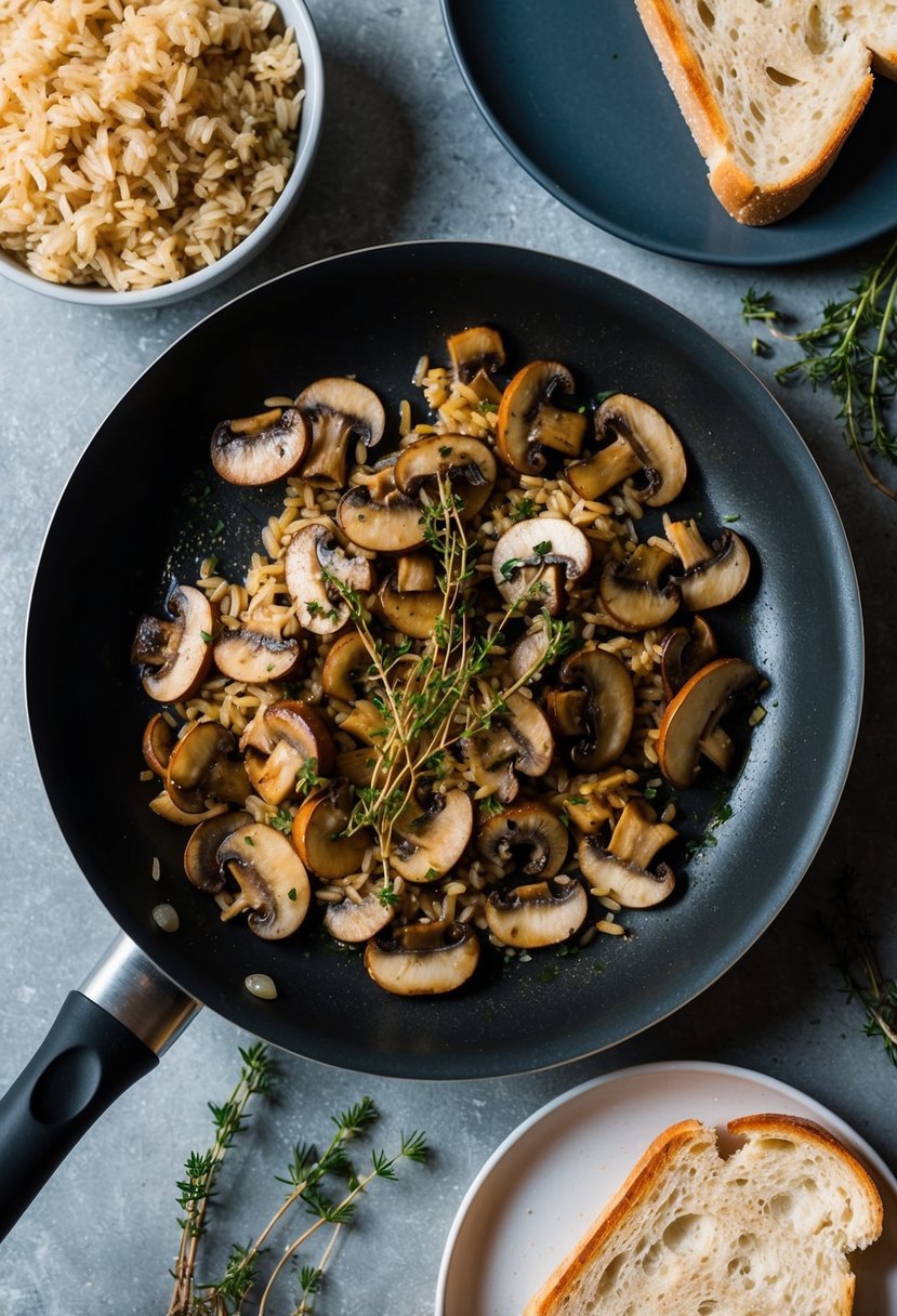 A pan sizzling with sautéed mushrooms and thyme, surrounded by a bowl of cooked brown rice and a slice of toasted bread