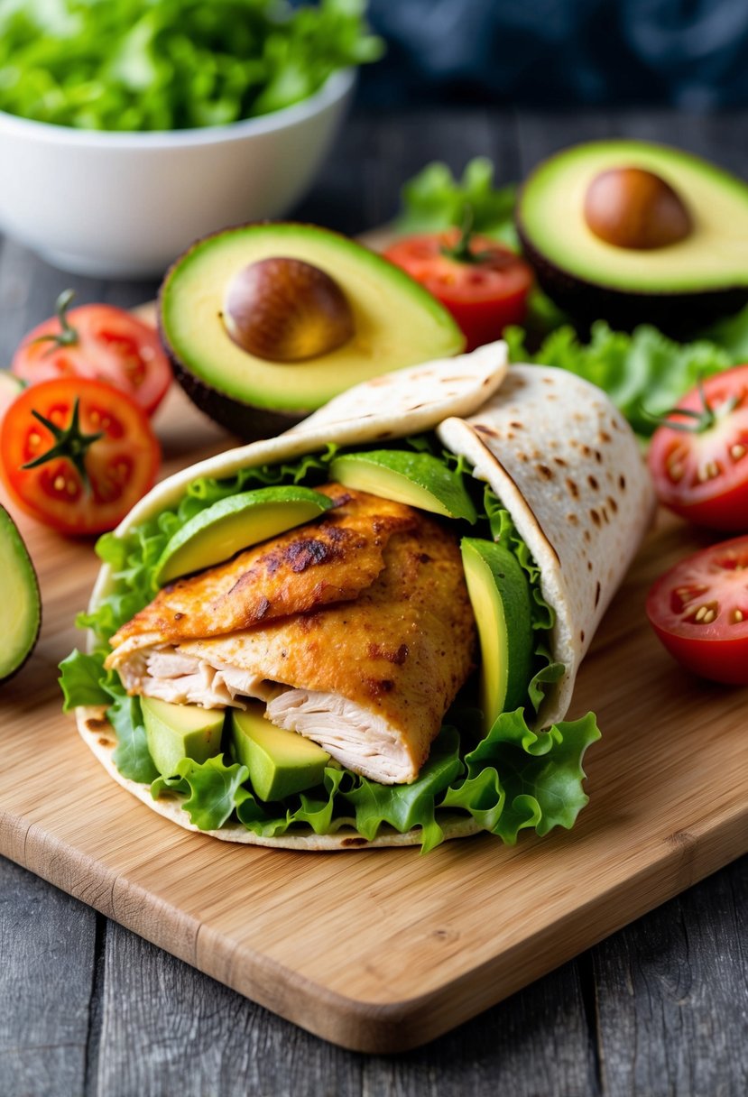 A rotisserie chicken avocado wrap surrounded by fresh avocado, lettuce, and tomatoes on a wooden cutting board