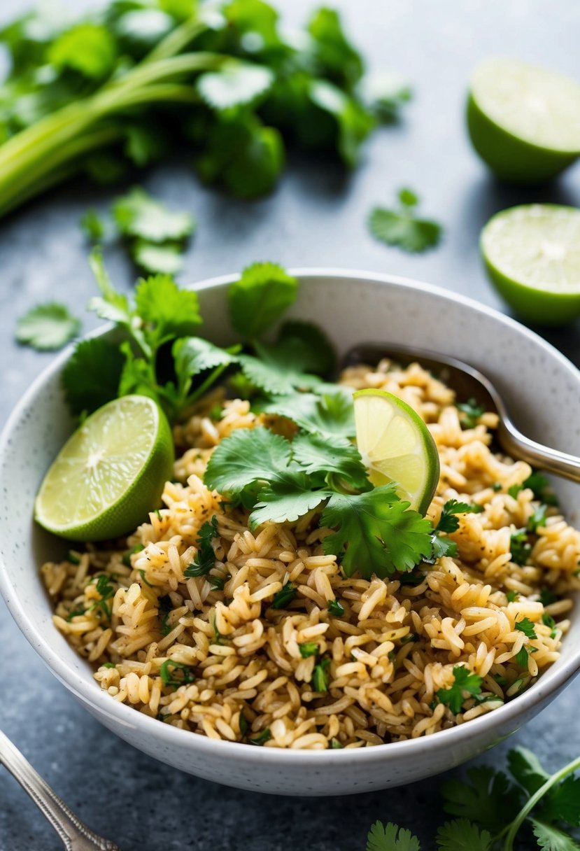 A bowl of cilantro lime brown rice with fresh cilantro and lime wedges on the side