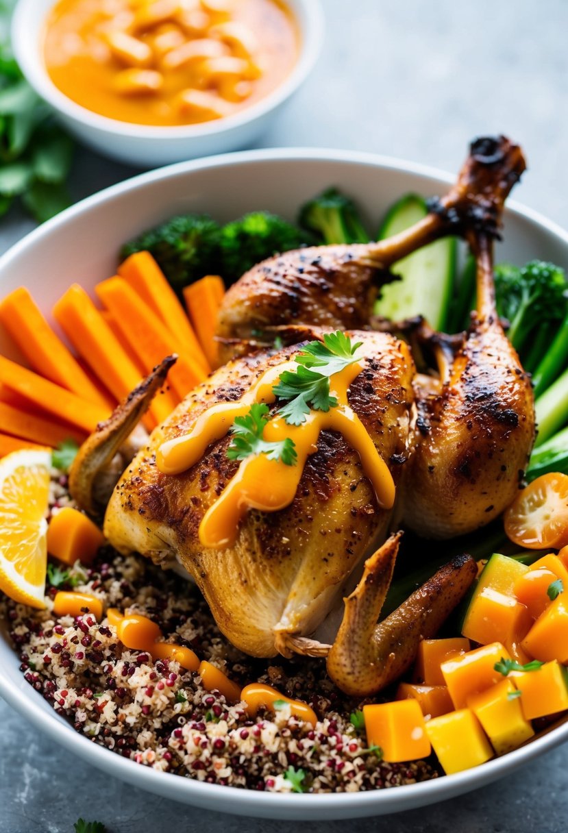 A colorful quinoa bowl with succulent rotisserie chicken, surrounded by fresh vegetables and drizzled with a flavorful sauce