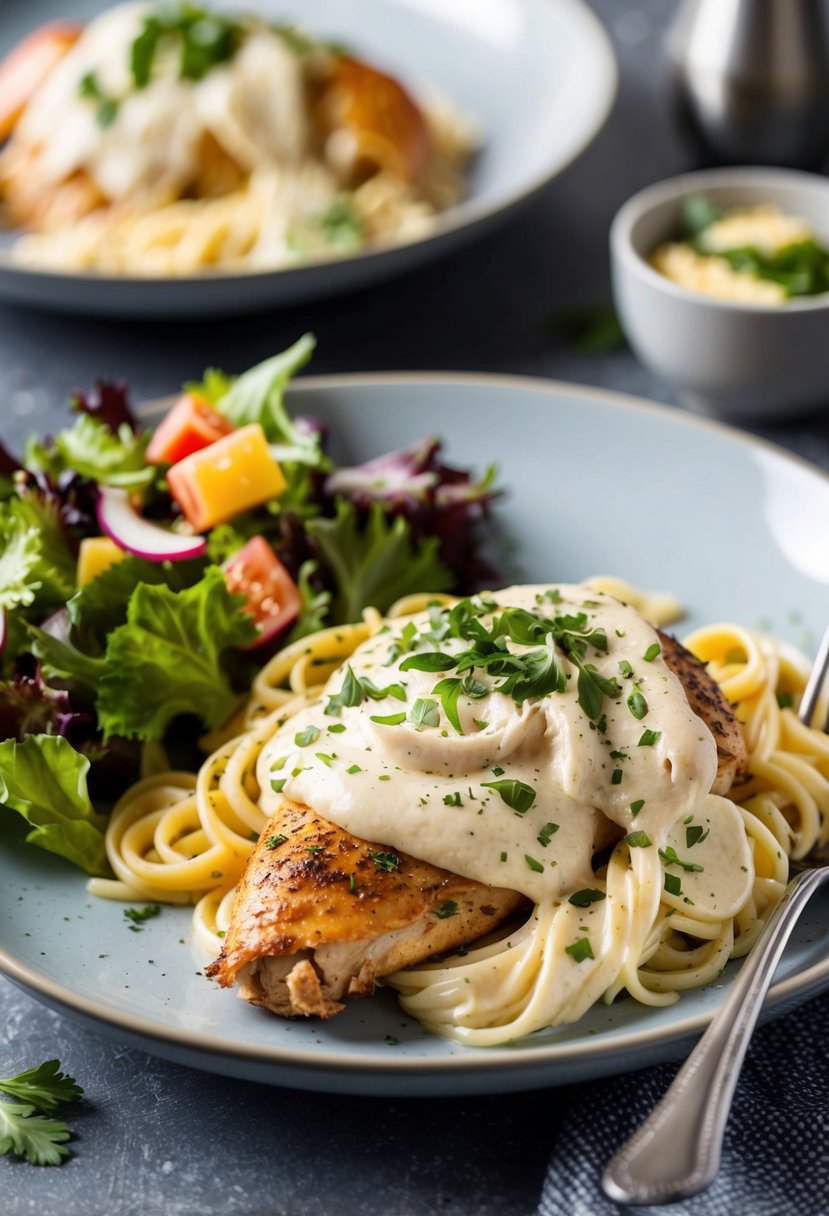 A steaming plate of creamy rotisserie chicken alfredo with vibrant green herbs sprinkled on top, served alongside a colorful mixed salad