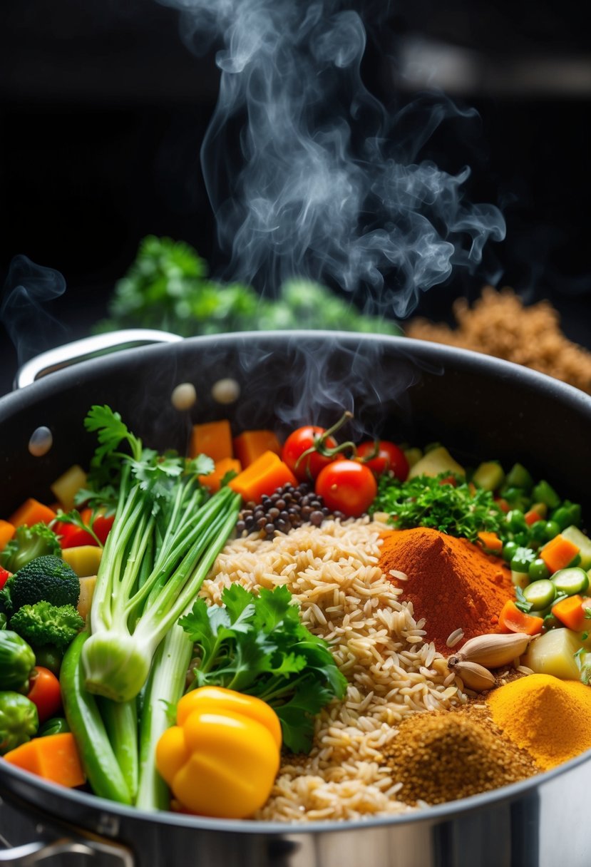 A colorful array of fresh vegetables, brown rice, and aromatic spices simmering in a large pot, emitting a tantalizing aroma