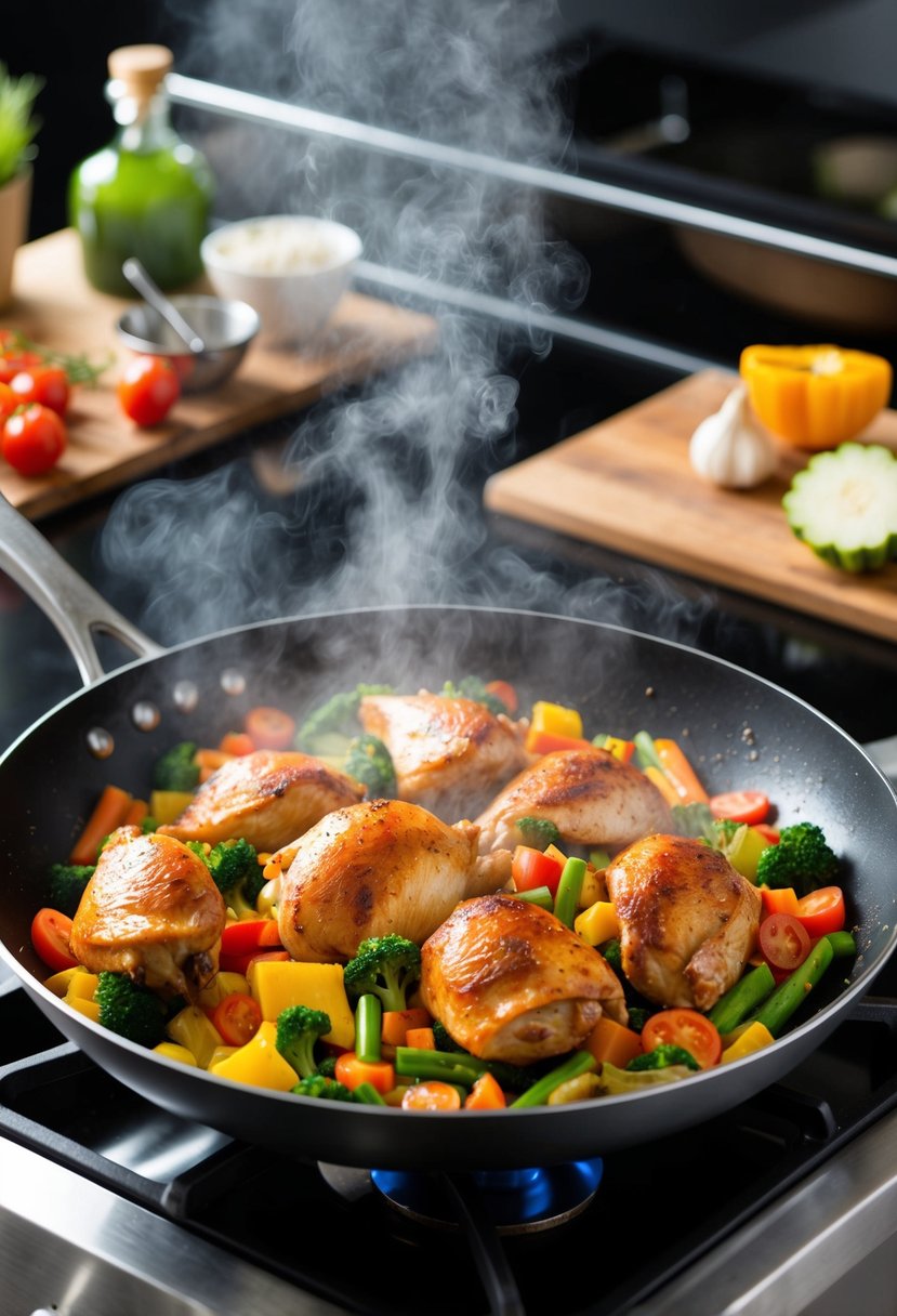 A sizzling stir-fry pan filled with colorful veggies and tender rotisserie chicken, steam rising as the ingredients are tossed together