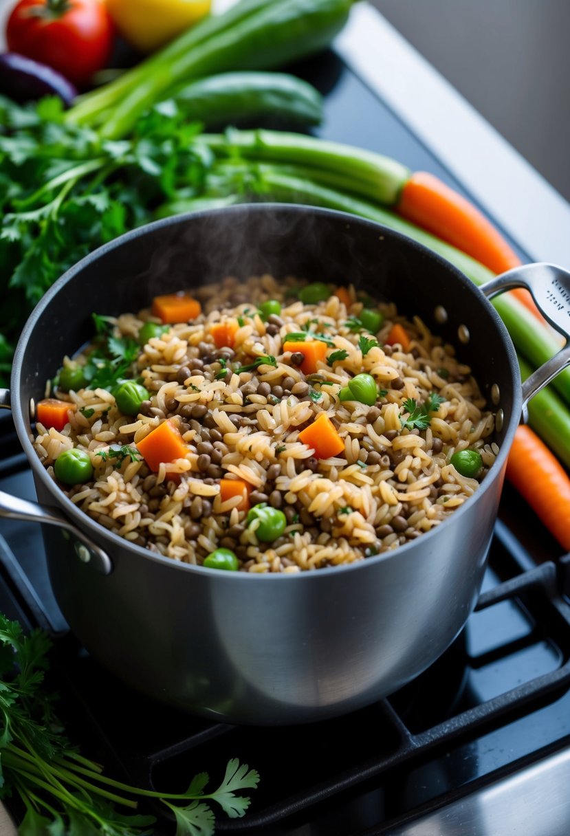 A simmering pot on a stove, filled with brown rice and lentils, surrounded by fresh vegetables and herbs