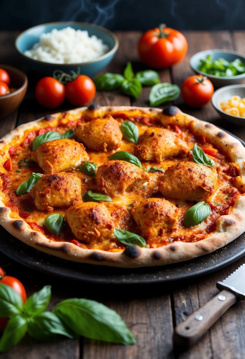 A sizzling buffalo rotisserie chicken pizza on a rustic wooden table, surrounded by fresh ingredients like tomatoes, basil, and peppers