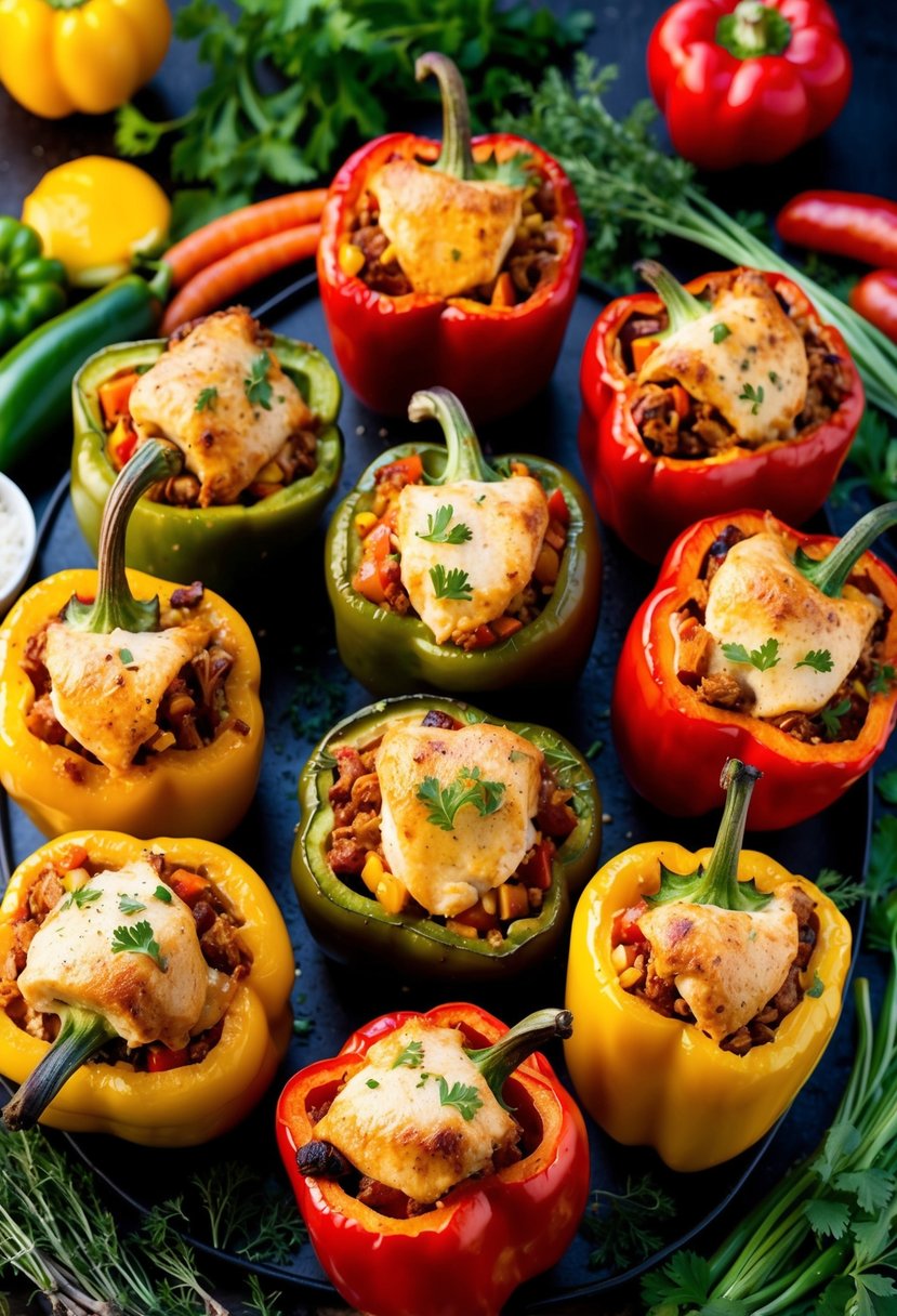 A colorful array of stuffed peppers overflowing with tender rotisserie chicken, surrounded by vibrant vegetables and aromatic herbs