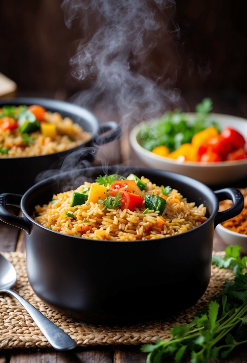 A steaming pot of brown rice pilaf with colorful vegetables and aromatic spices