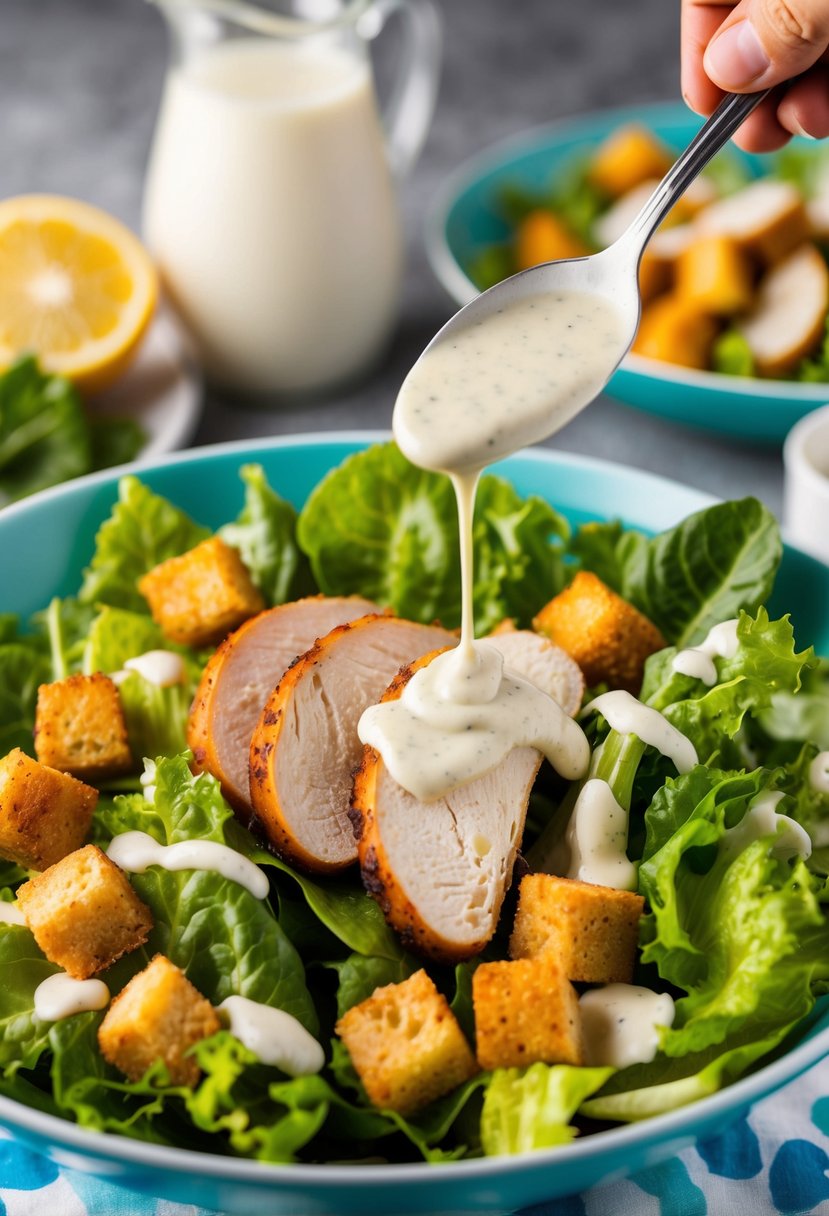 A colorful salad bowl filled with fresh romaine lettuce, juicy rotisserie chicken slices, crisp croutons, and a generous drizzle of creamy Caesar dressing