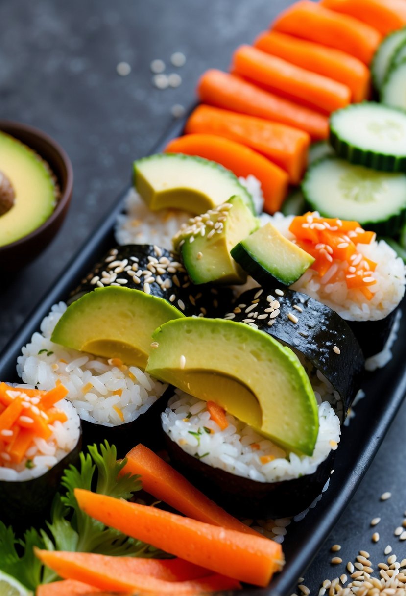 A colorful sushi bowl with brown rice, avocado, cucumber, carrots, and sesame seeds arranged in a pleasing pattern