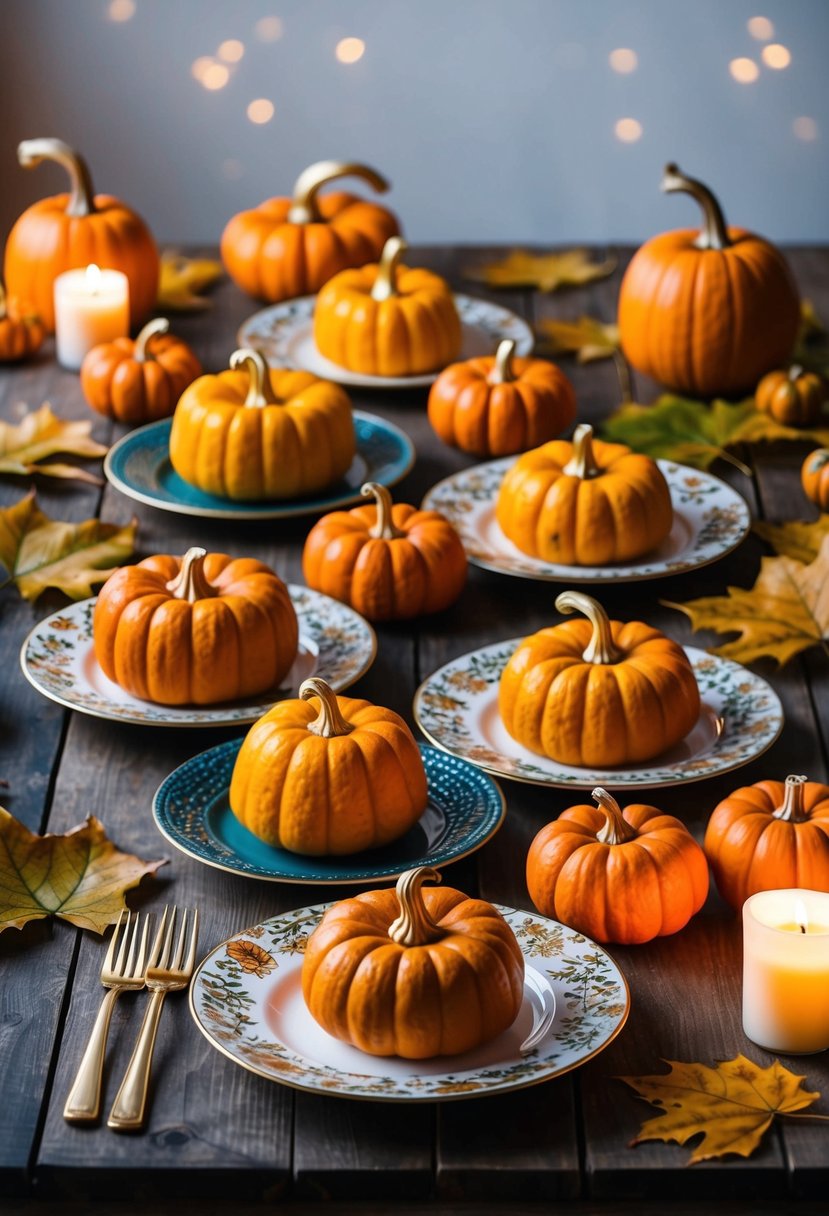 A rustic kitchen table with a variety of pumpkin desserts arranged on decorative plates, surrounded by autumn leaves and a warm candle glow