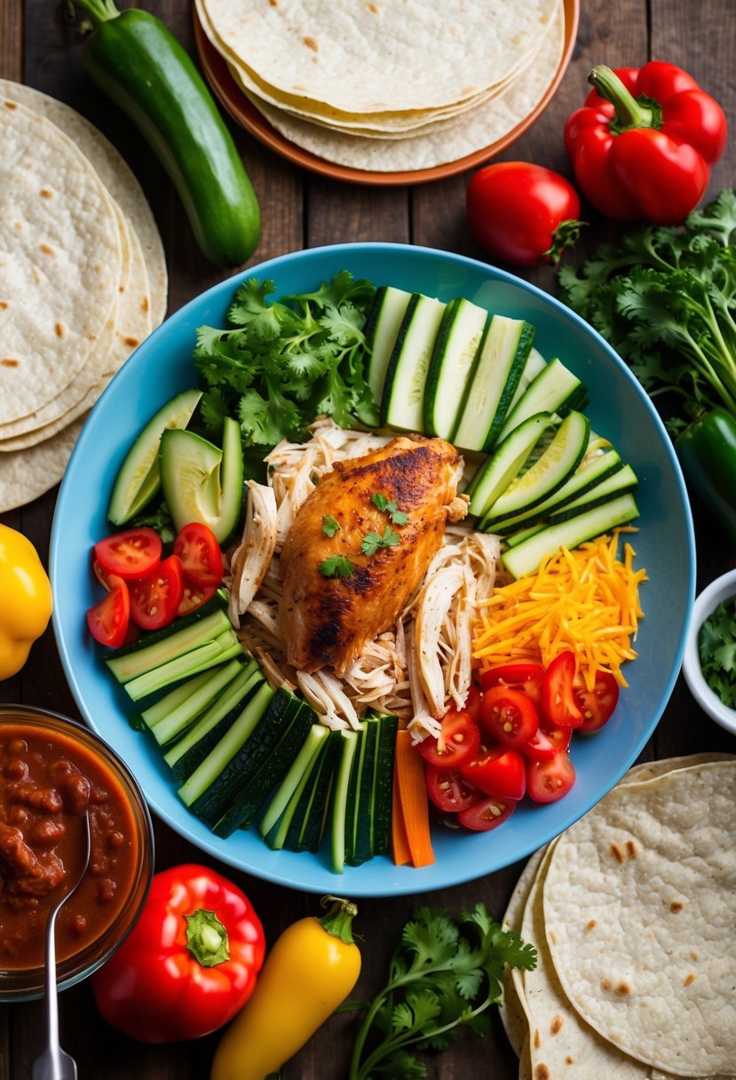 A colorful array of fresh vegetables and shredded rotisserie chicken, surrounded by tortillas and enchilada sauce