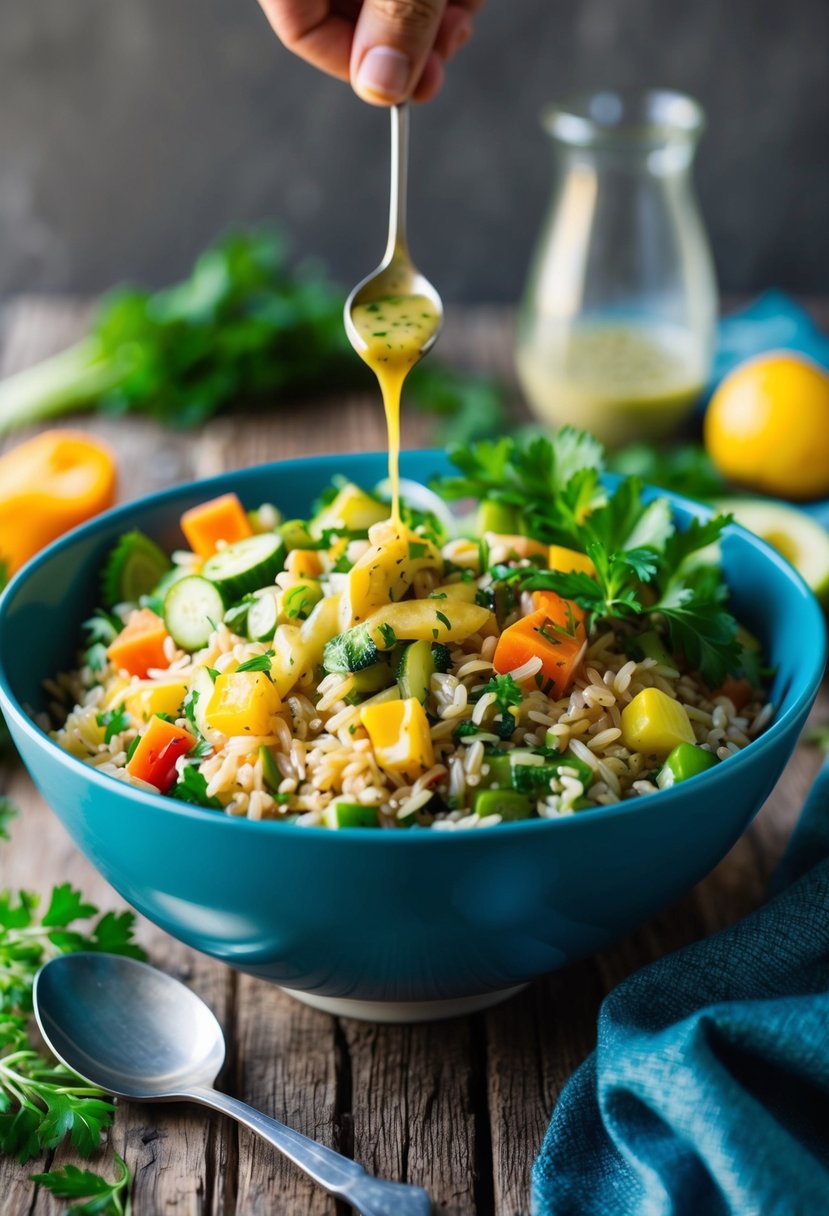 A colorful bowl of brown rice salad with a variety of fresh vegetables and herbs, drizzled with a tangy vinaigrette dressing